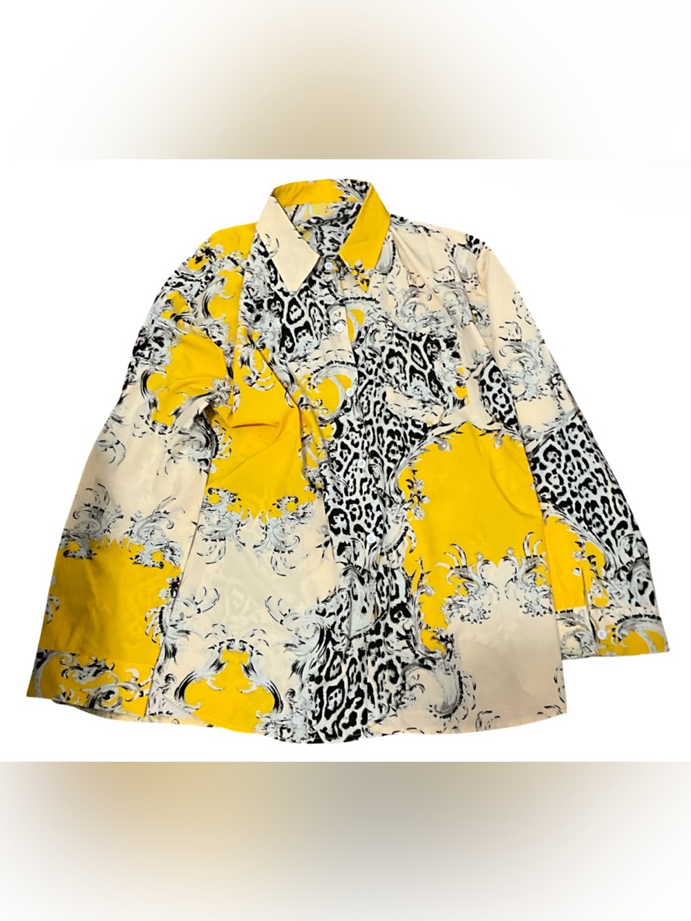 Women’s Baroque Leopard Print Button Up Blouse XXL Yellow Black Long Sleeve